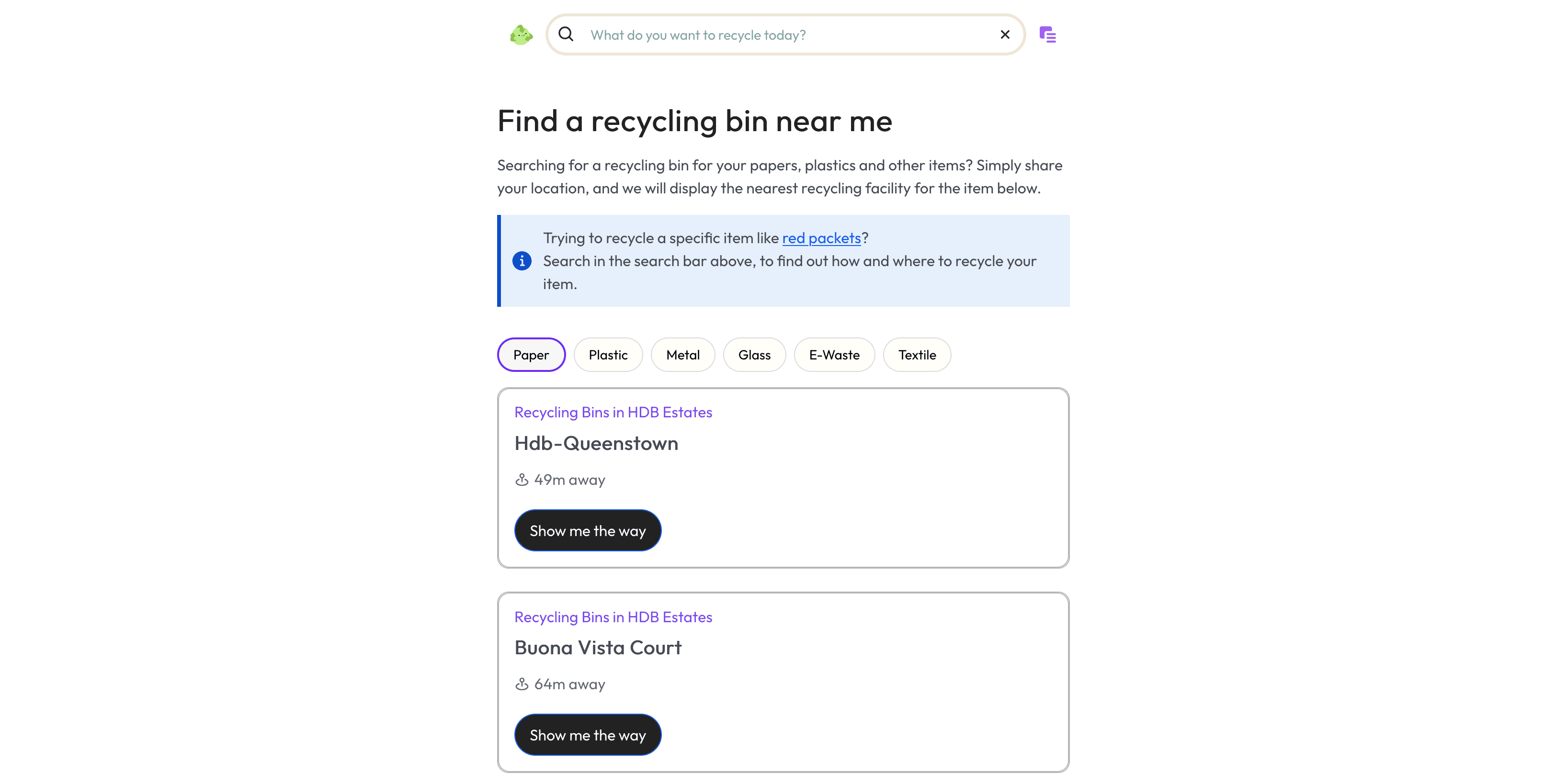 Recycling locations listings screenshot